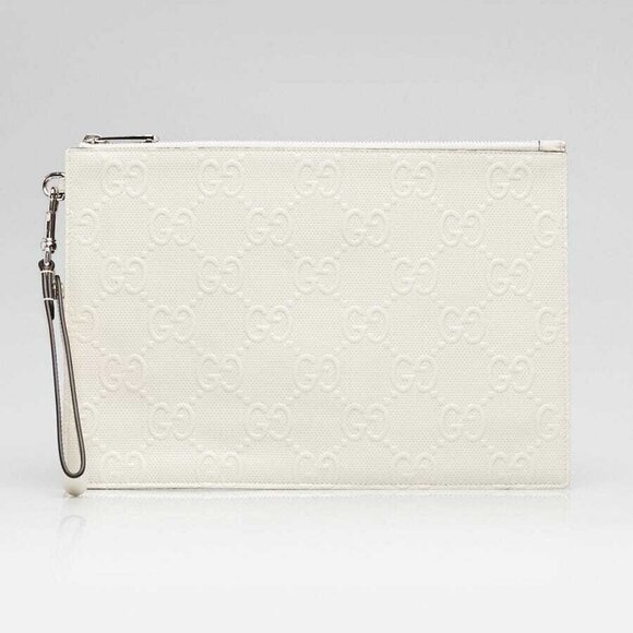 Gucci White Perforated Embossed GG Leather Wristlet Clutch Bag - Picture 1 of 12